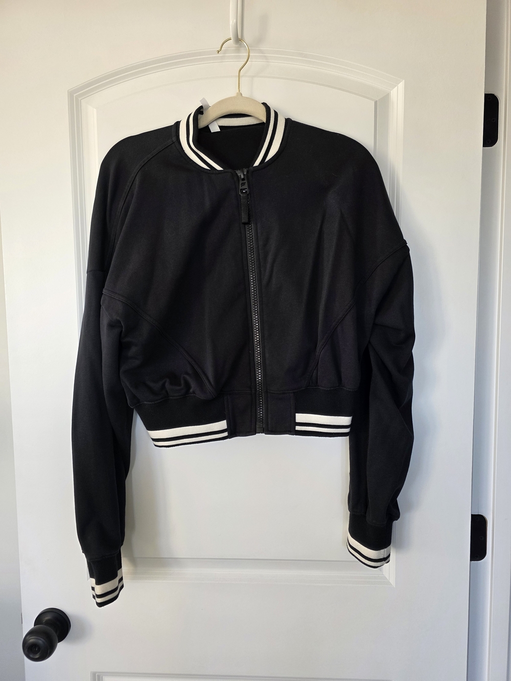 Fabletics Black Bomber Jacket with White Stripe Trim